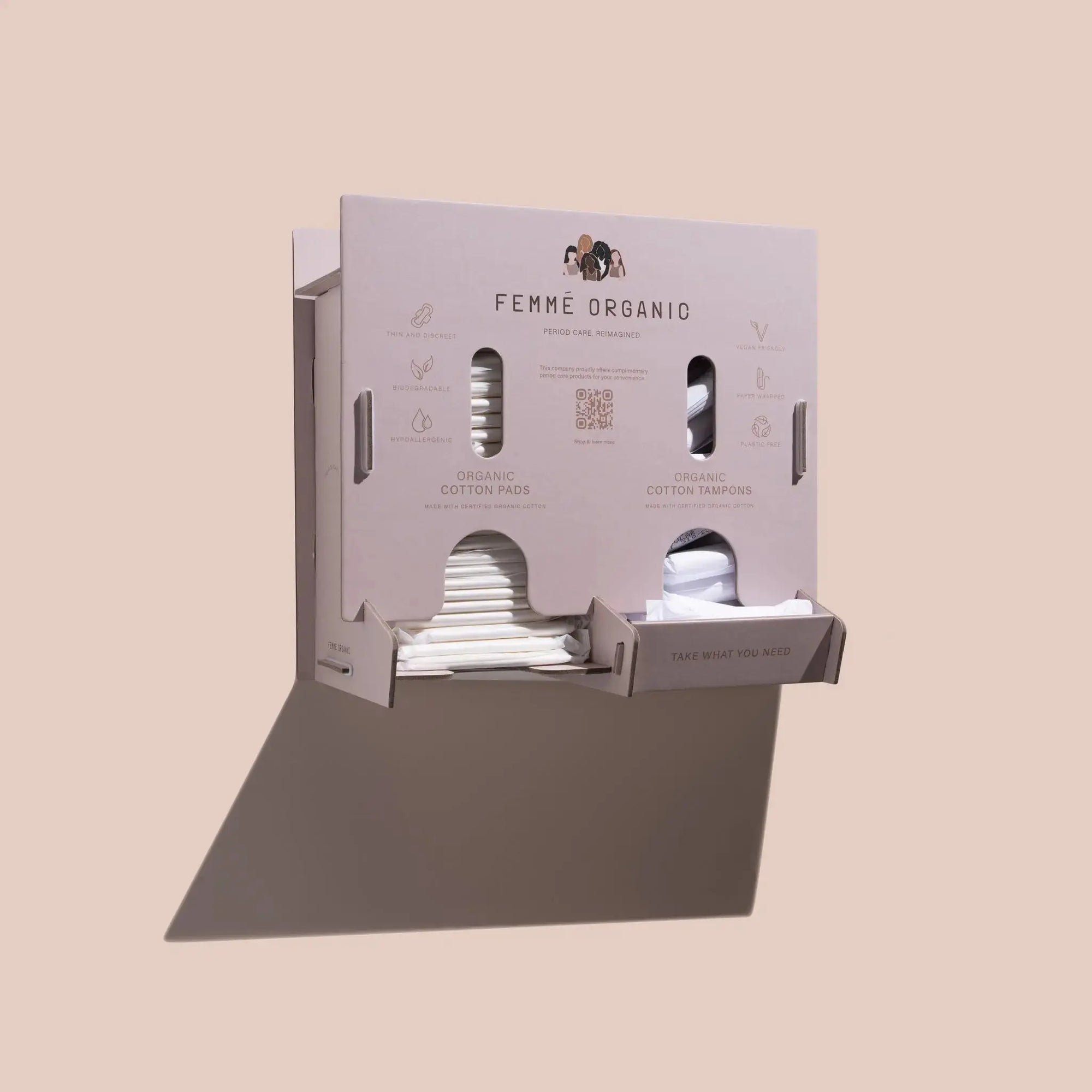 Sleek and sustainable bathroom dispenser for organic period care products. Made for studios, workplaces, and gyms, this plastic-free dispenser offers convenient and eco-friendly access to pads and tampons